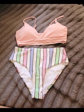 Pastel Pink Bralette Bikini Top with Striped High-Waist Bottom